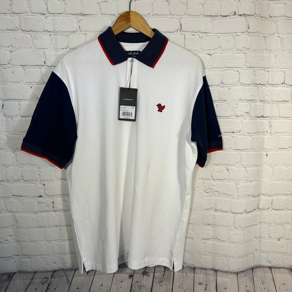 Bad Birdie Mens Pique Polo Shirt White Dark Navy BBMP030-721 Size M New